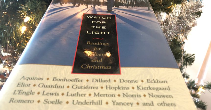 "Watch for the light: Readings for Advent and Christmas" book cover against a Christmas tree background